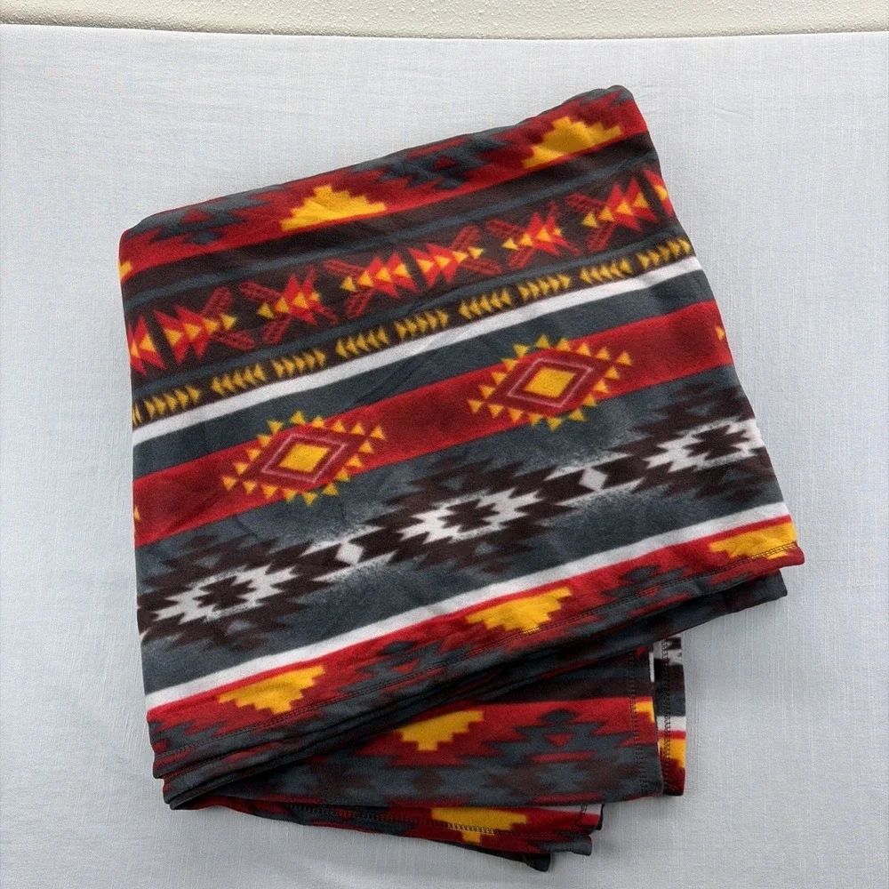 Southwestern Fleece Throw Blanket 88x88 Red Black Aztec Tribal Pattern